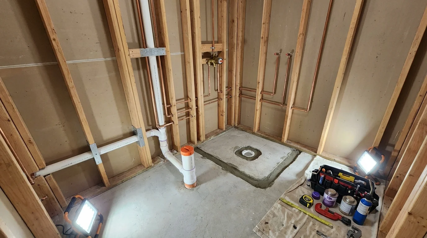 Bathroom rough-in plumbing during remodel by Johns Plumbing LLC in Eyota