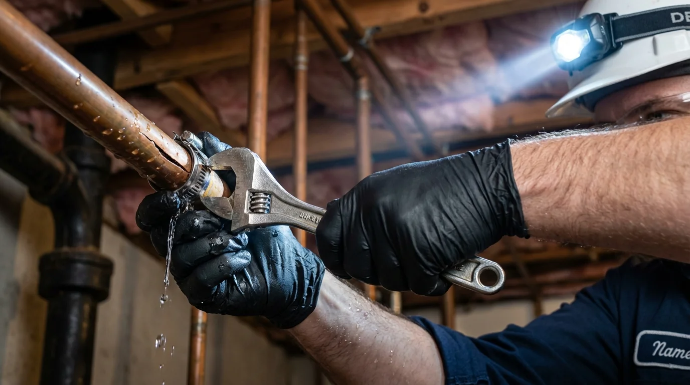 Emergency pipe clamp repair being performed by a Johns Plumbing LLC plumber in Eyota