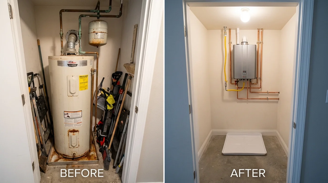 Tank water heater versus wall-mounted tankless unit comparison for Eyota, MN homeowners