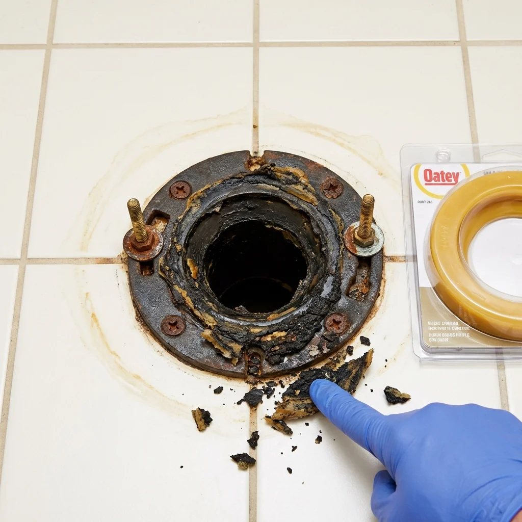 Failed wax ring showing water seepage at the base of a toilet in a Eyota, MN home