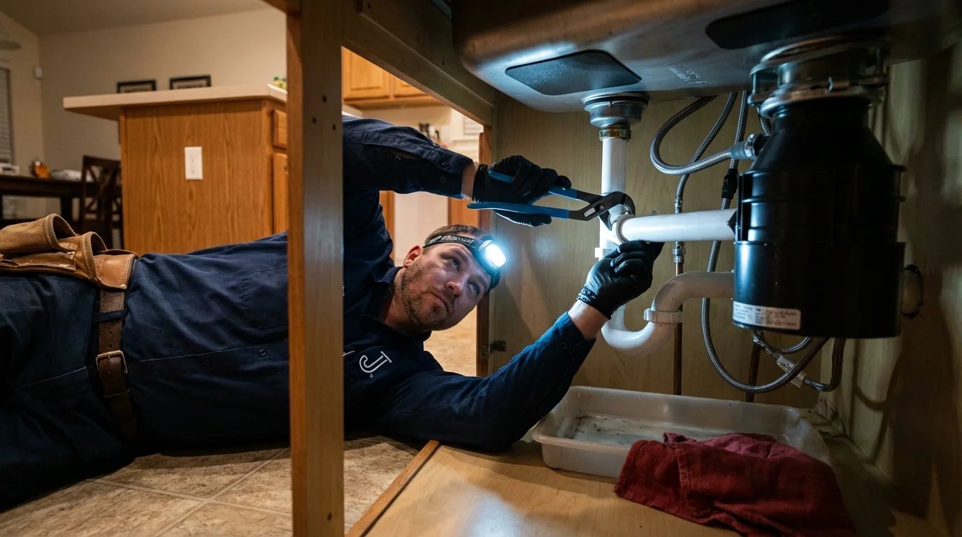 P-trap and supply line connections under a kitchen sink showing a common leak point in Eyota, MN